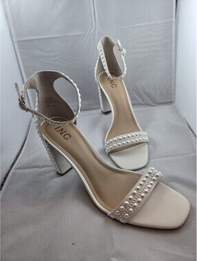 INC White Pearl Heels Size 11M Bridal Wedding Block Heel Ankle Strap NWOB